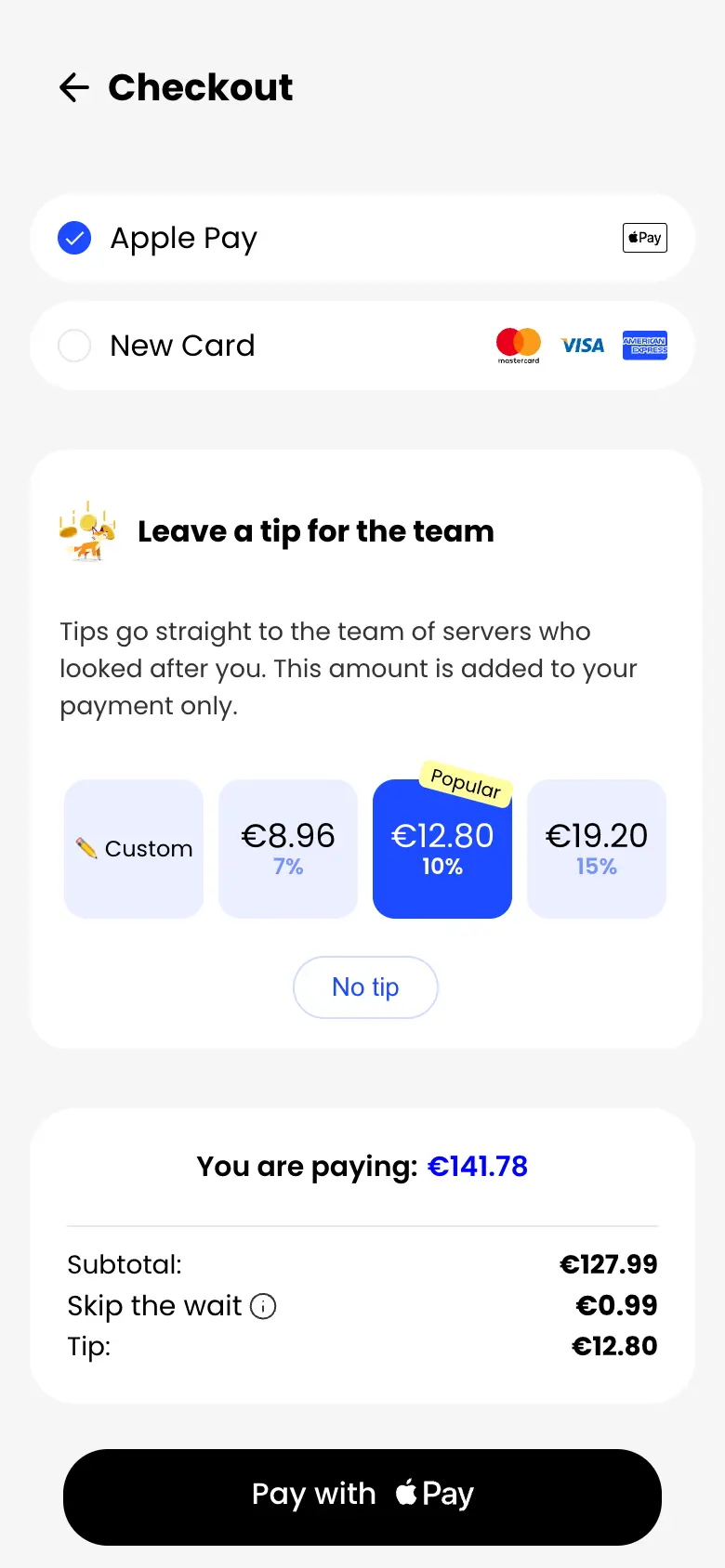 FoxPay checkout screen showing tip selection and Apple Pay